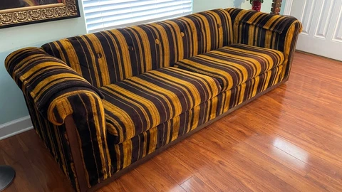 Plush Striped Mid Century Modern Sofa Vintage Brown Gold 8 Foot Couch Wood Trim Cover