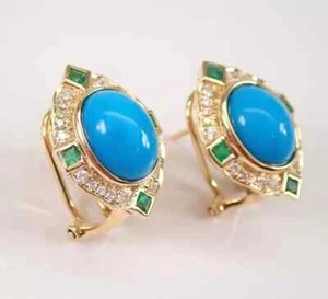 14K Yellow Gold Plated 3.0Ct Oval Natural Turquoise Halo Earrings Omega Clip - Picture 1 of 10