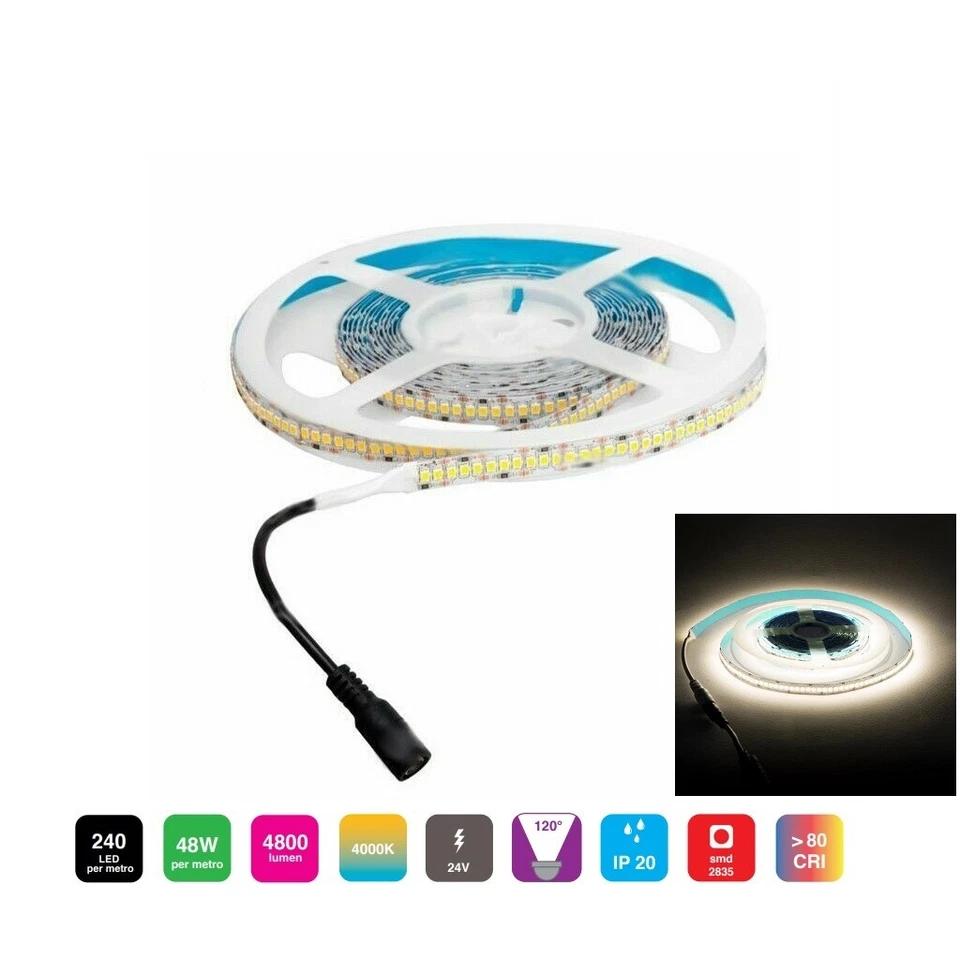 Striscia led 24V Bobina da 5 Mt Luce 4000K Naturale per interni 45W 1200 Led  - Immagine 1 di 1