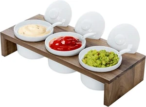 Tabletop Brown Wood Condiment Pot Serving Set, Display Server Tray w/ Dip Bowls - Picture 1 of 7