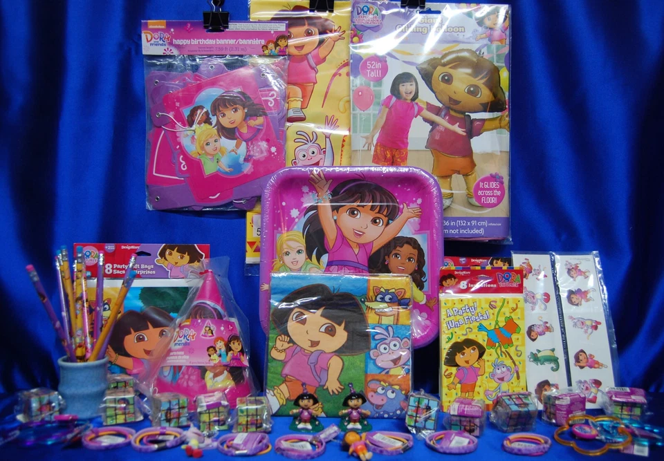Dora & Friends Set # 35 2 Plates Napkins Hats Loot Bags Banner Giant Balloon - Image 1 of 4