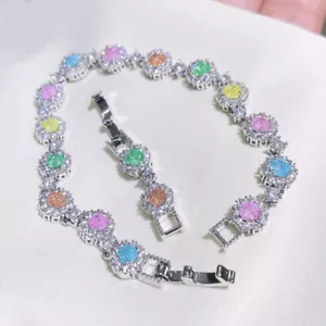 New Round Cut Mix Color Ice Pink Topaz Citrine Gems Charm Women Silver Bracelets - Picture 1 of 9