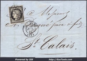FRANCE CERES N°3 SUR LETTRE GRILLE + CAD TYPE 15 LE MANS DU 12/07/1849 - Picture 1 of 2