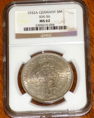 1932A 5 Mark Silver Germany Weimar Republic Oak Tree NGC MS62 Uncirculated Coin - Image 1 of 4