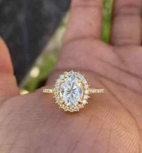 2.54Ct Oval Lab Created Diamond Halo 14K Yellow Gold Finish Wedding Bridal Ring - Picture 1 of 9