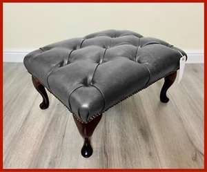 Chesterfield Buttoned Queen Anne Dark Grey Faux Leather Footstool - Picture 1 of 8