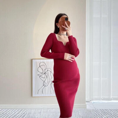 2022 Pregnant Women's Dress Long Sleeve Bottom Knitted Long Dress - Image 1 of 4