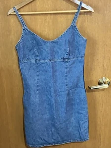 Vintage Express Bleus Denim Mini Cotton Dress Side Stripe Panel Size 7/8 - Picture 1 of 6