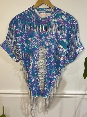 Vintage 80s Tear Wear Tie Dye Shredded T-Shirt Womens L Blue New Wave Punk Top - Image 1 of 4