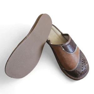 Cozy Leather Slip-On House Slippers for Men in brown leather and closed toe - Picture 1 of 6