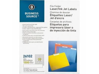 Business Source File Folder Labels Laser/Inkjet 2/3"x3-7/16" 1500/PK White 26102 - Image 1 of 4