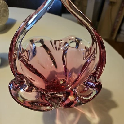 Vintage Murano Mundgeblasenes Kunstglas Lila Rosa Klar Geteilter Griff Korb - Bild 1 von 4