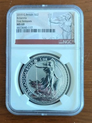 Moeda de prata Britannia 2019 1 oz NGC MS69 primeiros lançamentos - Imagem 1 de 2