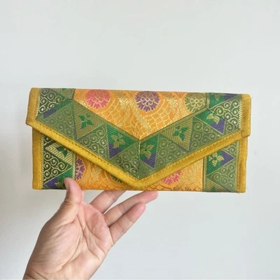 Handcrafted Ethnic Clutch or Wallet Tribal or Eastern Boho Silk Style Yellow - Image 1 of 4