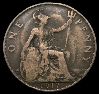 Moeda de um centavo do Velho Mundo 1917 Grã-Bretanha KM 810 (stk871) - Imagem 1 de 2