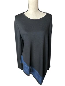 St. John Black Sweater Asymmetrical Wool Blue Striped Detail Nordstrom Size XL - Picture 1 of 5