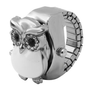(White)Finger Ring Watch Flip Up Cover Vintage Owl Pattern Unixes Finger ROL
