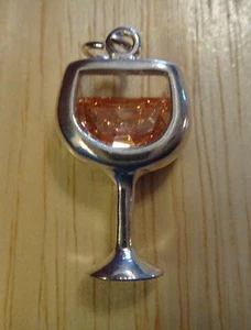 Sterling Silver 20x10mm White Wine or Rose Glass with CZ Cubic Zirconia Charm! - Picture 1 of 5