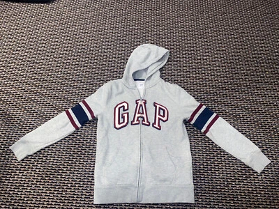 Gap Kids Boys XL (12) Zip-Up Logo Sweatshirt Hoodie Gray Stripe Fall Everyday - Image 1 of 4