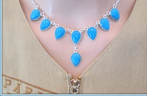 TURQUOISE NATURAL GEM STONE LADIES STUNNING VINTAGE SILVER NECKLACE - Picture 1 of 5