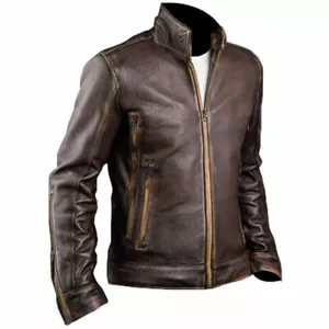 Men's Cafe Racer Vintage Motorcycle Biker Riding Genuine Real Leather Jacket - Picture 1 of 7
