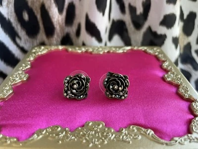 Pendientes Betsey Johnson Vintage Bronce Pulido Cristal Tachonado Rosa Flor Foto 1 de 2