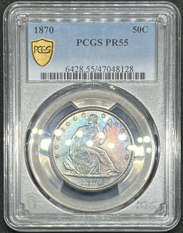1870 Liberty Seated Half Dollar Proof PCGS PR55 Gold Shield 50C Rainbow Cover