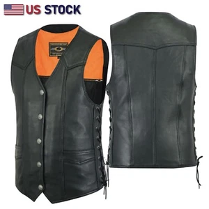 Men Motorcycle Leather Biker Vest Side Lace Pistol Pockets Patch Sew #HL11614NKD - Picture 1 of 8