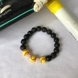 Softball Stretch Bracelet 7.5 inch Sports Mom Bead Jewelry Black Game Men Women - Picture 1 of 3