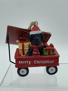 Red Wagon Puppy Present Resin Christmas Tree Hanging Ornament Red Shed Black Dog - Picture 1 of 9