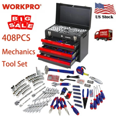 WORKPRO 408 Piece 3 Drawer Mechanics Tool Set With Heavy Duty Metal Tool Box New
