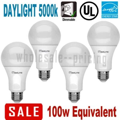 4 100W Replacement 15W LED Light Bulb Daylight 5000K A19 E26 Base Dimmable 1600L - Image 1 of 3