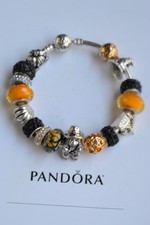 Authentic Pandora Silver BANGLE Bracelet Halloween Witch Pampking Charm Beads