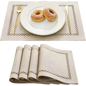 Burlap Placemats Set of 4 12 x 18 Inch Rustic Geometric Hollow Place Mats Hea... - Picture 1 of 7