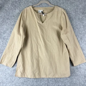 Ishyu 100% Linen Tunic Top Womens Large Beige Long Sleeve Minimal Casual Coastal - Picture 1 of 13