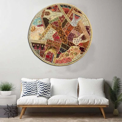 60" ETHNIC INDIAN ART DÉCOR VINTAGE SARI ZARI LACE WALL HANGING ROUND TAPESTRY - Image 1 of 4