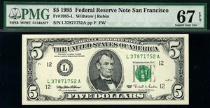 1995 $5 San Francisco Federal Reserve Note 1985-L L-A Block Top Pop • PMG 67 EPQ - Picture 1 of 2