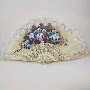 Vtg Handmade Floral Spanish Hand Fan 1960s Multicolor Intricate Lace Celluloid - Picture 1 of 7