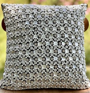 MacKenzie-Childs Pillow MOP Buttons White And Gold Beads Black Velvet Retired - Picture 1 of 11