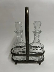 Vintage Glass Oil/Vinegar Bottles Set w Silver Plated Caddy Holder New 7” Tall - Picture 1 of 8