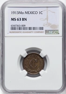 MEXICO ESTADOS UNIDOS  1913  1 CENTAVO COIN NGC CERTIFIED CHOICE UNCIRCULATED-63 - Image 1 of 2