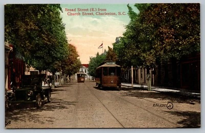 Postcard Broad Street East From Church Street Charleston Street Car Trolley SC - Image 1 of 2