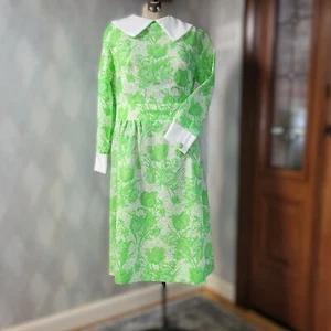 Vintage 70s Handmade Women's M Green Floral Dress White Collar Zipper Back - Picture 1 of 16