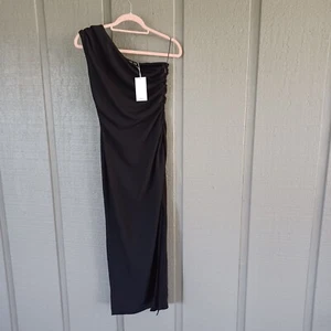 Mango MNG Women Ruched One Shoulder Maxi Dress Size 2 Color Black Slit Party - Picture 1 of 14