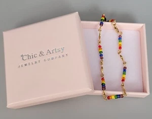 "Chic & Artsy Regenbogen Perle Goldton Station Fußkettchen Knöchelarmband 9"" x 1/8" - Bild 1 von 5