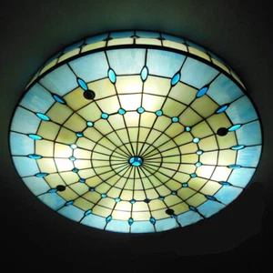 Tiffany Flush Mount Ceiling Lamp Fixture 3 Lamp Drum Diamond Stained Glass Shade - Picture 1 of 6