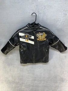 AVIREX Boys Jacket 5 Black Faux Leather Cafe Racer Embroidered Youth Kid - Picture 1 of 13