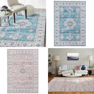 Clearance Large Rug Pink Blue Tribals Dining Room Carpet Washable Rug Runner - Picture 1 of 28