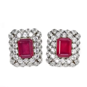 925 STERLING SILVER EARRING GENUINE BLOOD RED RUBY OCTAGON & WHITE CZ GEMSTONE - Picture 1 of 8