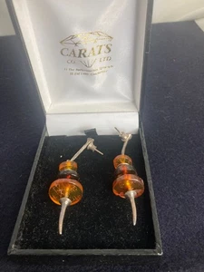 Vintage Amber & Sterling Silver Drop Earrings in Carats Box – 5cm Long Boho Chic - Picture 1 of 5